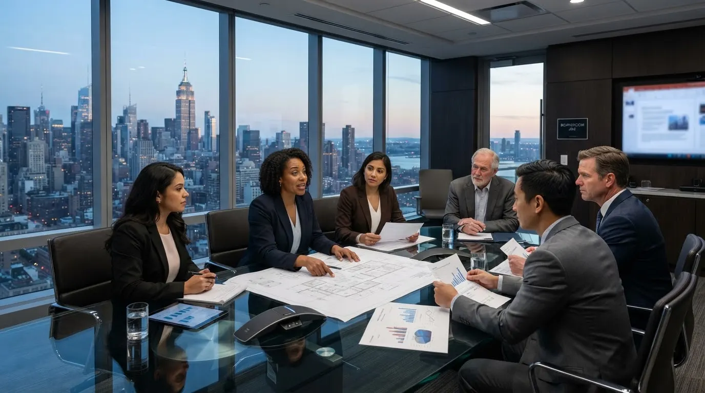 Advisory team meeting in a boardroom overlooking the city skyline