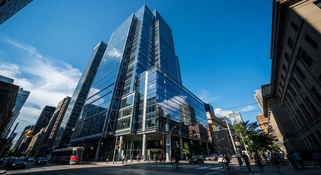 Modern glass office tower viewed from street level