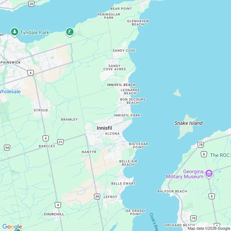 Map of Innisfil, Ontario, on the western shore of Lake Simcoe